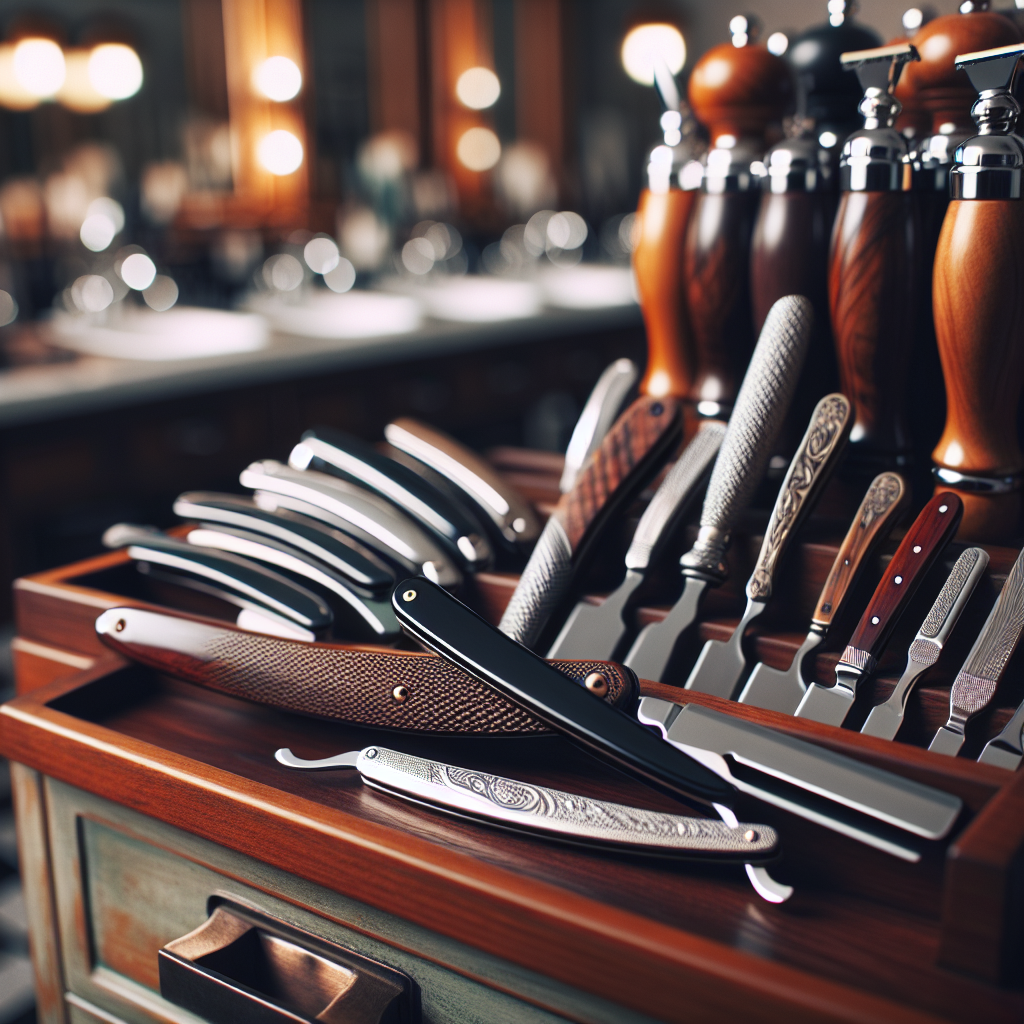 A sleek, professional barber shop setup showcasing various high-end razors and blades