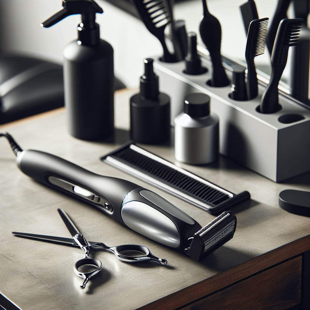 Nærbilde av en moderne krølltang ved siden av en barberhøvel og trimmer på et rent barberbord, stilrent og profesjonelt, nøytrale farger