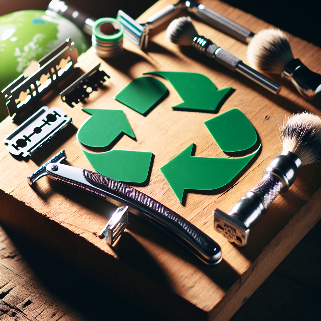 Nærbilde av en barberhøvel og forskjellige barberblader arrangert på en treplate, med naturlig lys og et grønt miljøsymbol i bakgrunnen
