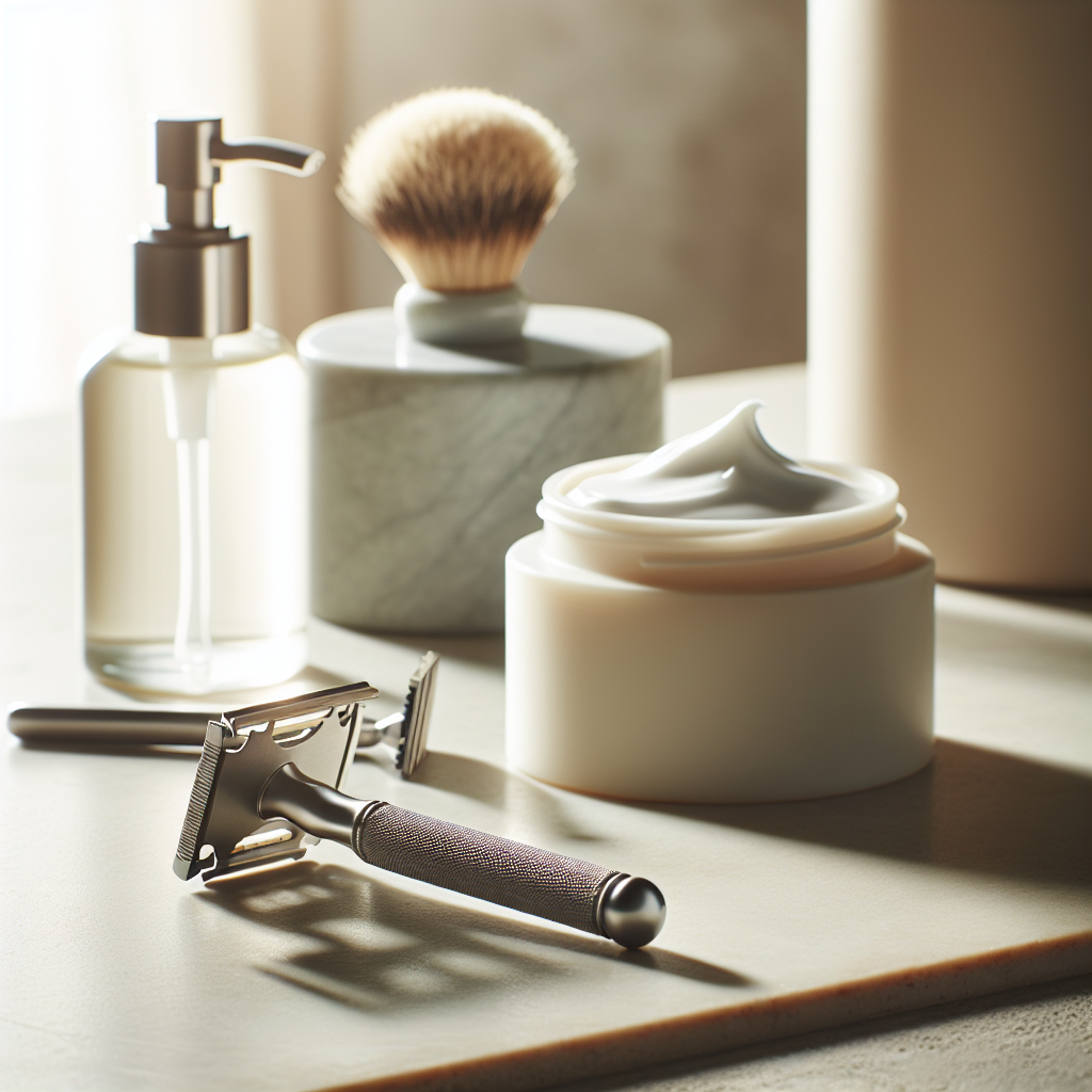 Nærbilde av en enkel, moderne barberingsstasjon: en klassisk sikkerhetshøvel, et par barberblader, en liten krukke med fuktighetskrem, på en lys benkeplate med naturlig lys