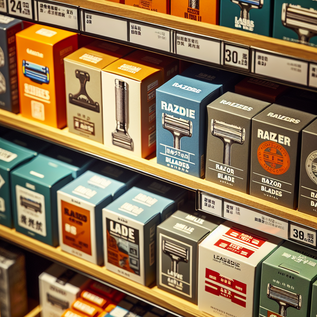 Nærbilde av ulike barberbladpakninger i en lokal butikkhylle, moderne og ryddig butikkmiljø, fokus på emballasje og detaljer