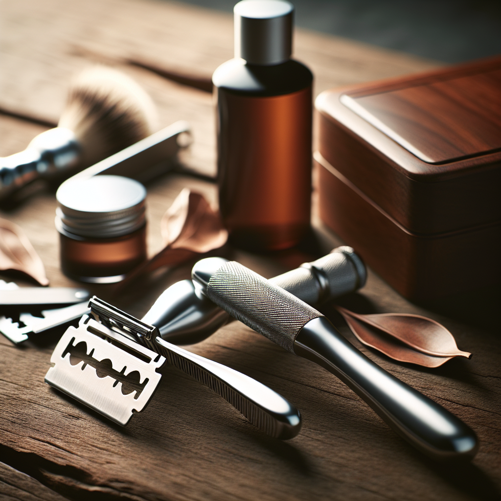 Nærbilde av barberhøvel, blader og aftershave plassert på en treflate med myk, naturlig belysning - moderne, stilrent og maskulint utseende