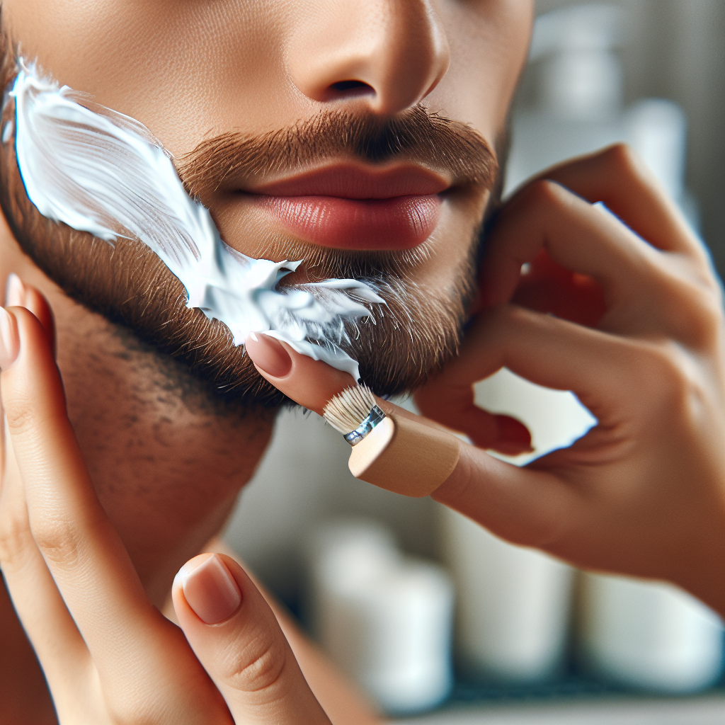 Nærbilde av en mannlig og kvinnelig hånd som påfører beroligende fuktighetskrem på nyskjært ansikt, mykt naturlig lys, hygienisk badeomgivelse, fokus på hudpleie og barbering