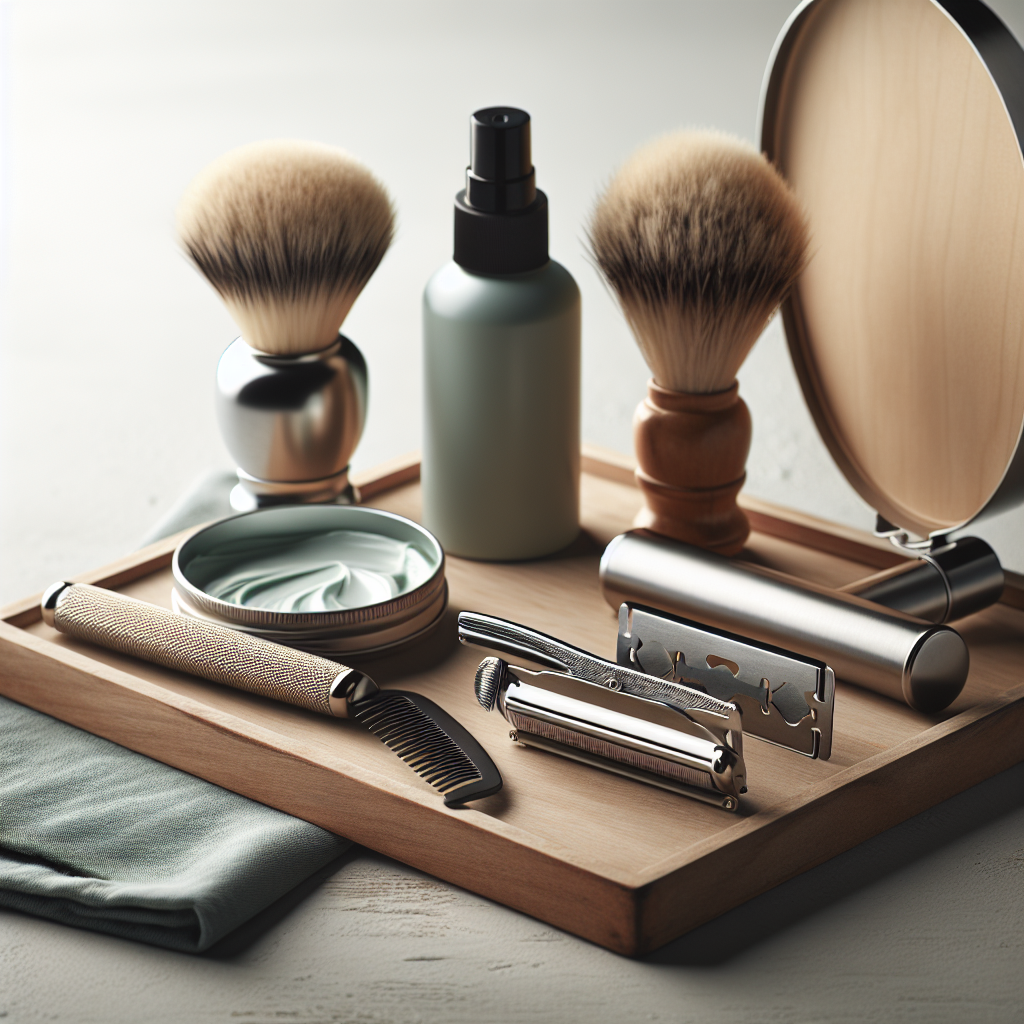 Nærbilde av moderne barberutstyr arrangert på et trebrett: metallbarberhøvel, blader i etui, barberbørste, liten flaske aftershave og kam i minimalistisk, lys bakgrunn