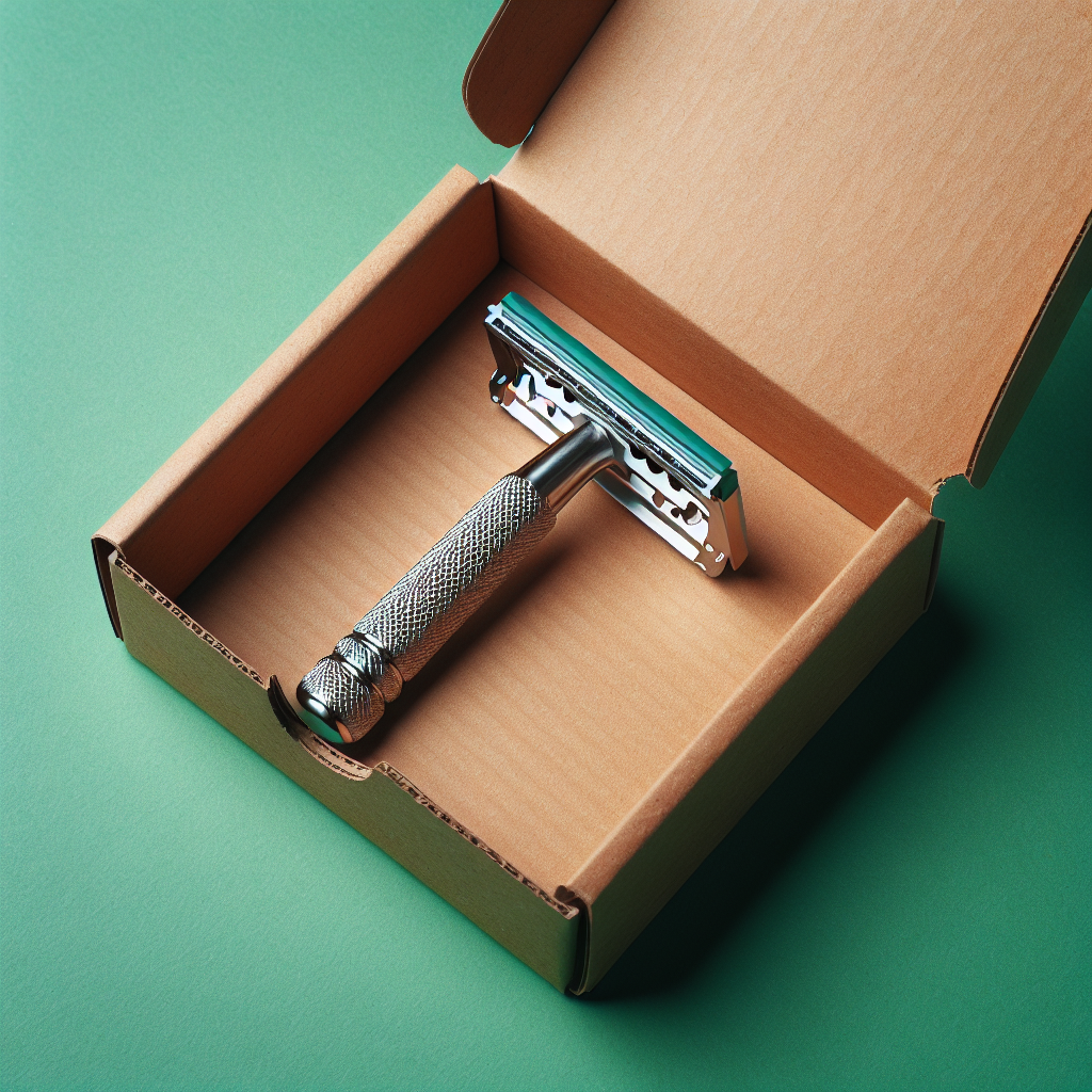 Nærbilde av en rustfri barberhøvel og resirkulert pappemballasje på en naturlig, grønn bakgrunn – minimalistisk stil