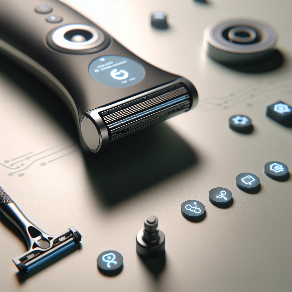 Nærbilde av moderne barbermaskin og barberblad på en ren flate med subtile teknologiske ikoner og myk belysning