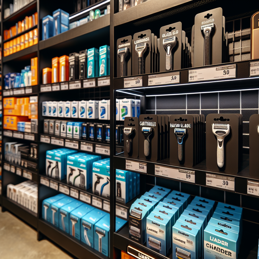 Nærbilde av et utvalg barberblader og kassetter i en butikkhylle, god belysning, skarp fokus på emballasje og etiketter, moderne og ryddig butikkmiljø