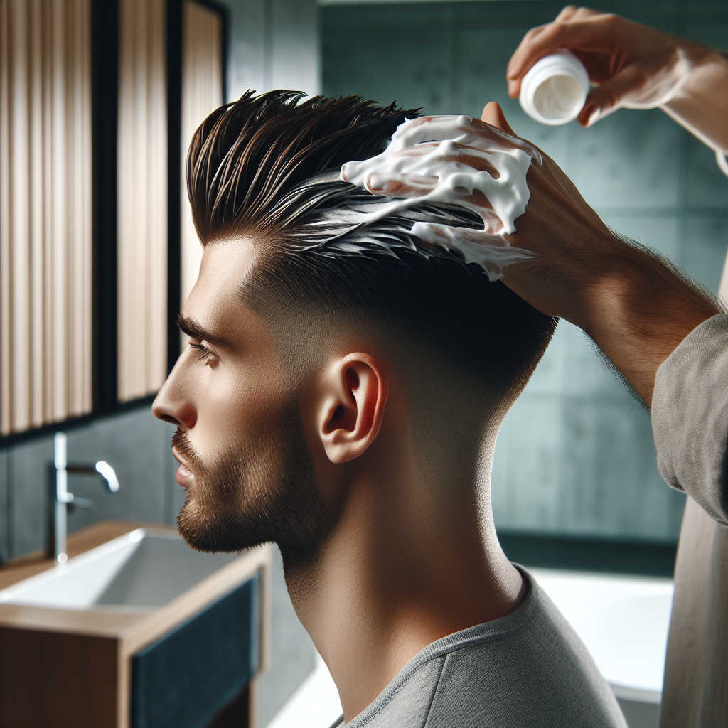 Nærbilde av en mann med kort hår og skarpe barberte kanter som får påført en kremet hårmaske, rent baderom, naturlig lys, moderne og stilrent uttrykk