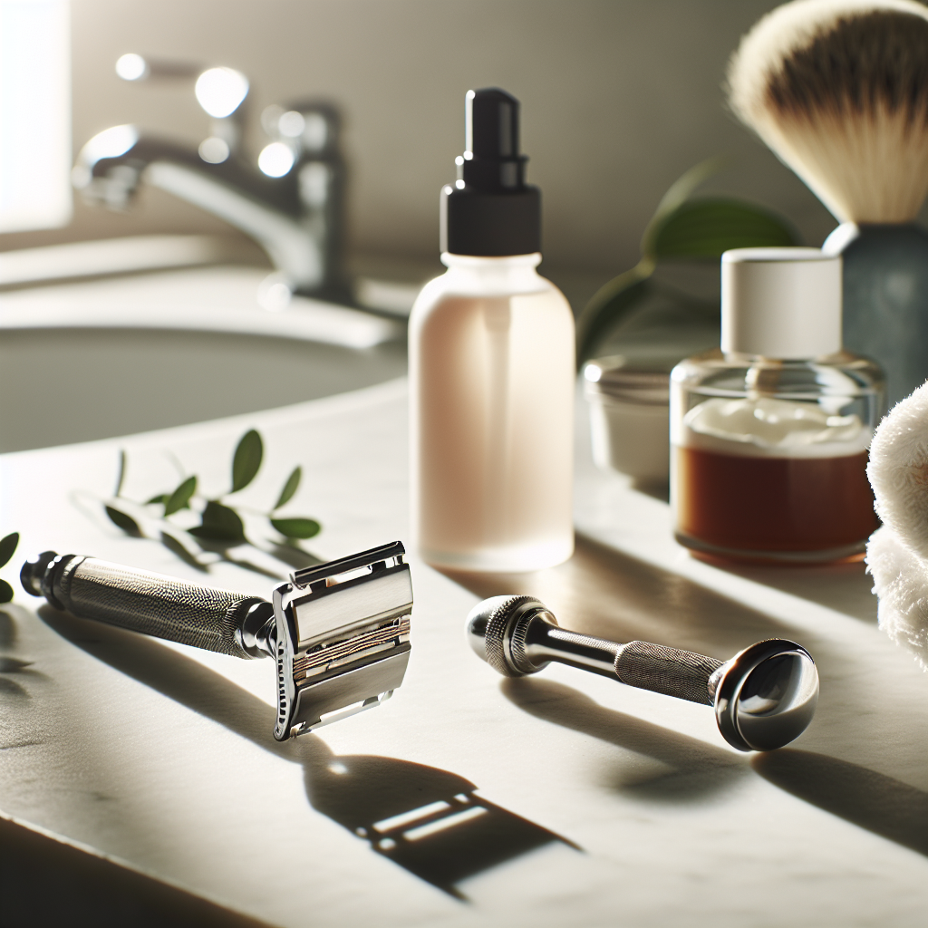 Nærbilde av en klassisk barberhøvel, et nytt barberblad og pleieprodukter på et rent, minimalistisk bad, naturlig lys